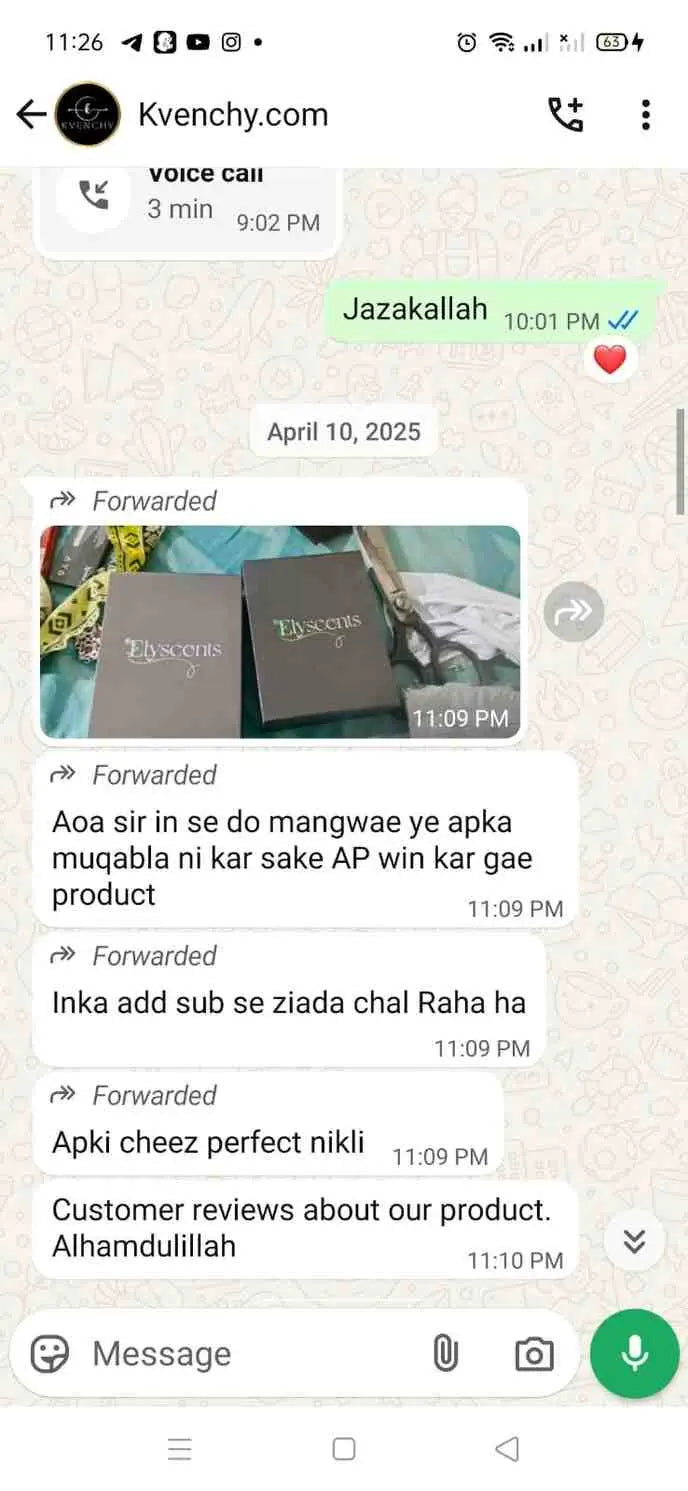 WhatsApp chat screenshot showing customer feedback about Kvenchy products.